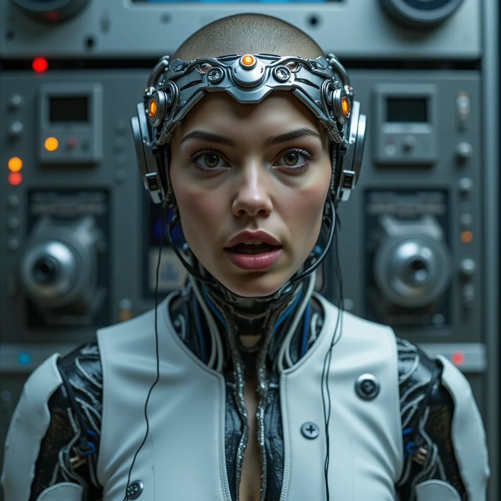 (best quality, masterpiece, highest detailed), (photorealistic:1.2), (detailed light:1.2), (Realistic skin texture:1.4), raw photo, cyberpunk photo, cyborg, human and robot, mechanical body parts, cybernetic organism, rusty exoskeleton, drinking beer in an old bar, looking at viewer, dirty photo, bleak future