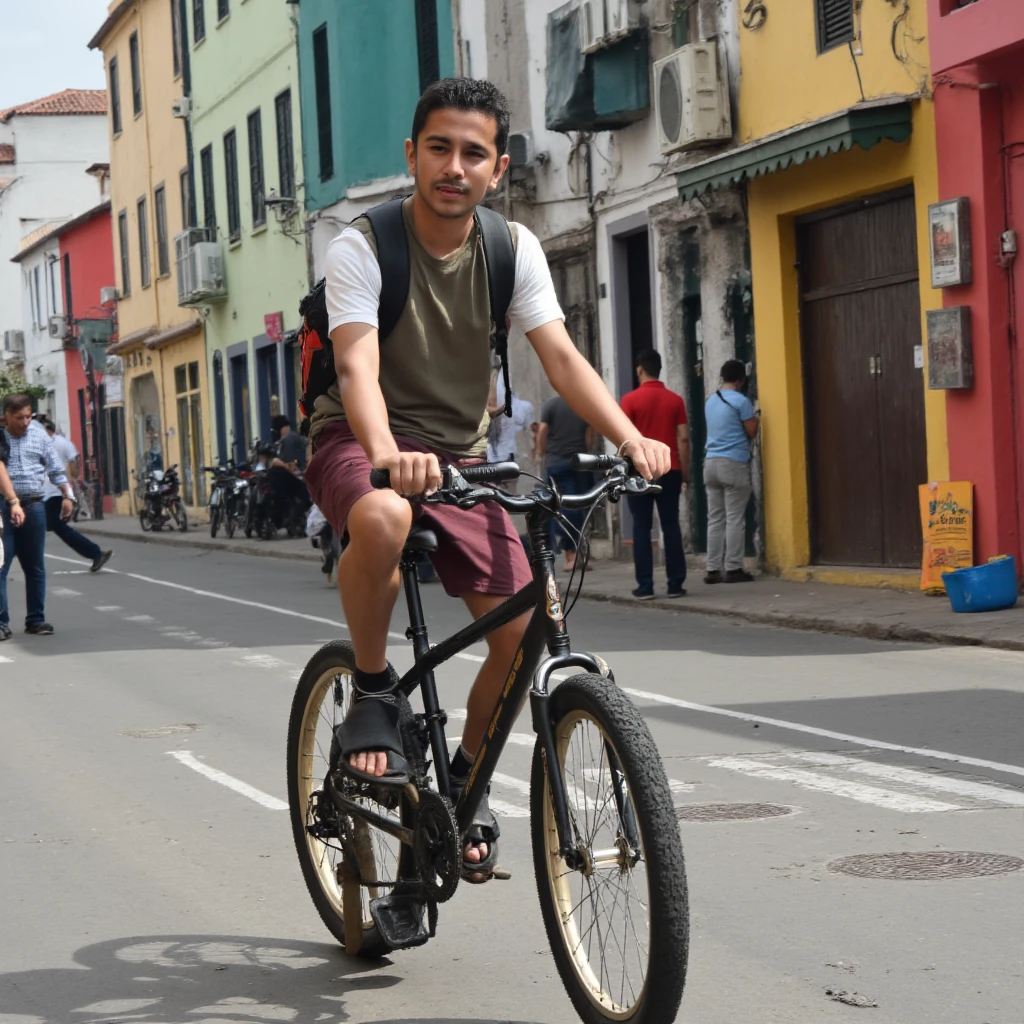 Genarate a boy in the bike in the road in the bad same face with same posture
