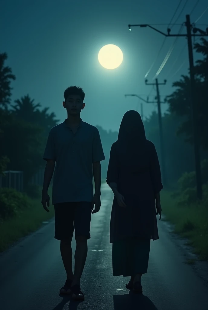A young man, shorty black neatly haircut back, looking at camera, wear a long jacket zipper, taking a together with a young woman as zombie costume, they both sitting in under the giant trees with hugging shoulder, midnight, smoke, red moon, horror, darkness places, romance, scary, hyper realistic, real human from asia, detail photo, detail face, full body, photo was taken from a facial forward in the giant tree