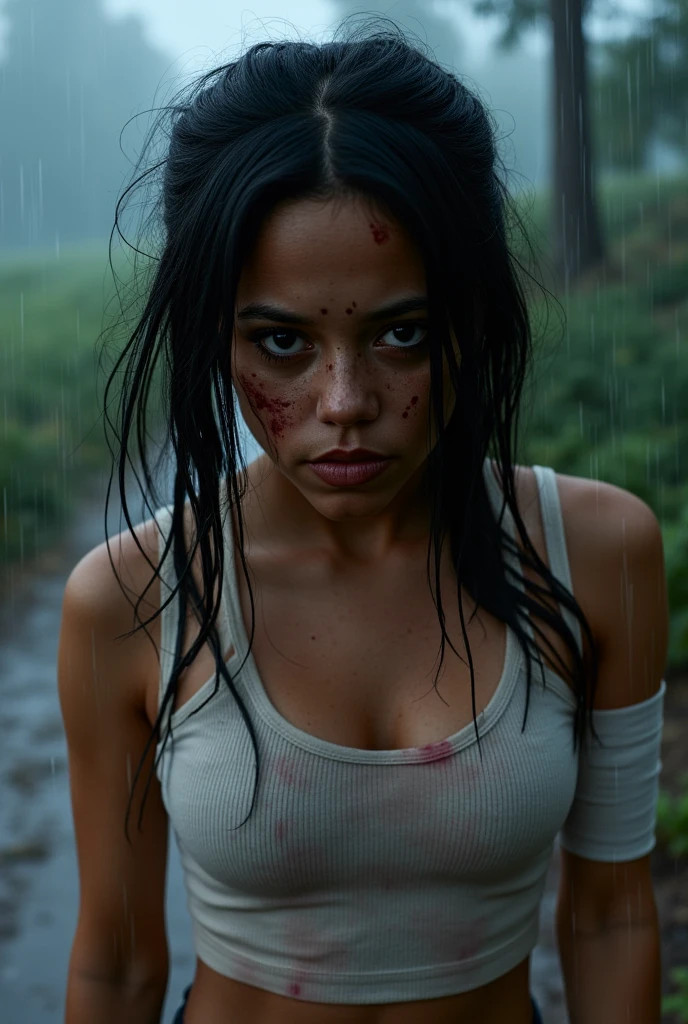 (((j3nnaort3ga))), wears a shabby white vest, Tomb Raider 9 costume(cosplay) realistic, Long messy black hair, ((super dark skin)), The arm is wrapped in a bandage, (Realistic details), It was raining heavily, Thermal vaporization、Rich particle effects, Seriously injured, Moaning, wretched, Bloody, black hair, messy hair, long hair, scar on cheek, glowing eyes, pink eyes, serious, serious, horrified, Surrealism, anime, motion blur, cinematic lighting, depth of field, image fill, fading border, framed, wide shot, fisheye, f/16, 135mm, Sony FE GM, Wide-Angle, accurate, masterpiece, award winning, highres, textured skin, high details