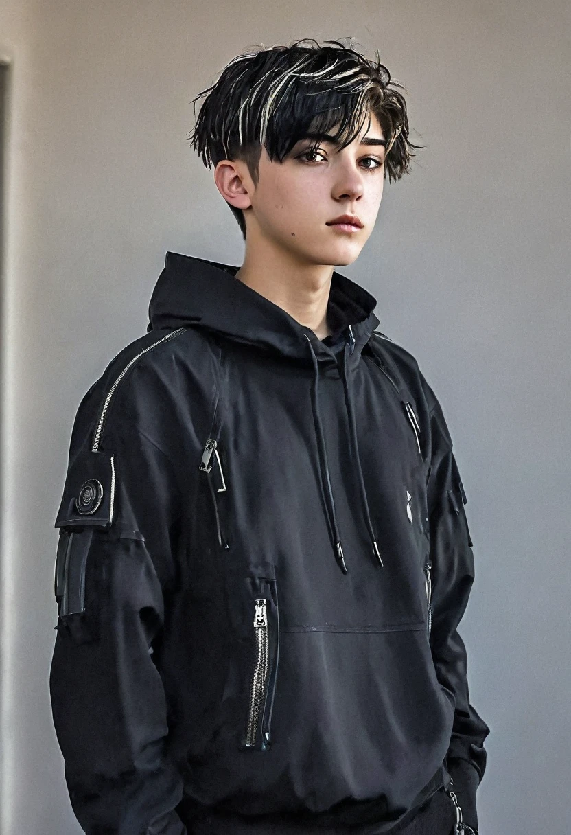 Une photo réaliste détaillée d'un jeune et beau garçon de 18 ans, caucasien, chasseur d'ombres cyberpunk, avec un visage de garçon préternaturellement mignon et réaliste (Asher Angel). nu. . maigre. cheveux courts noirs. coupe latérale. Tatoué. Surplombant une métropole la nuit