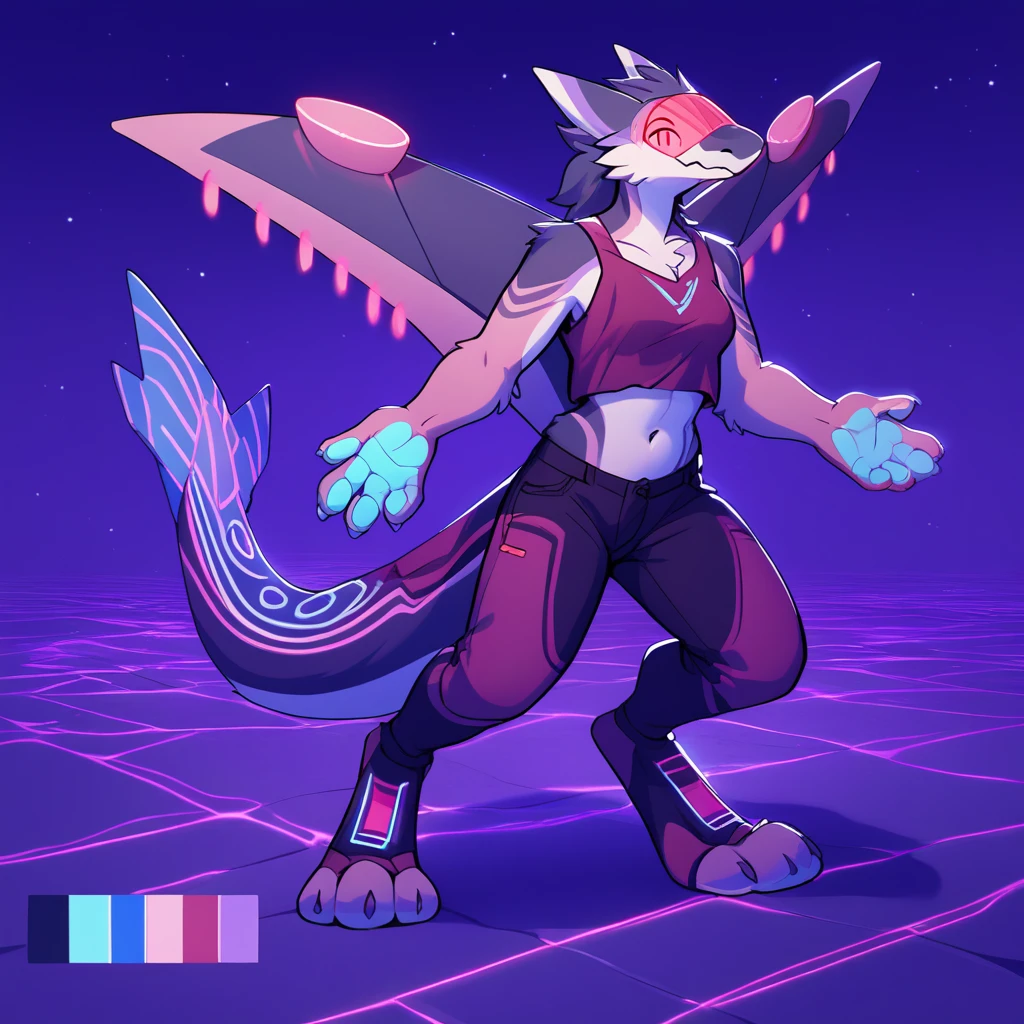 planedragon, visor, anthro, score_9, score_8_up, score_7_up, rating_safe, source_furry,  Aazerach with deep-maroon light-purple light-blue neon-purple and neon-pink color palette

