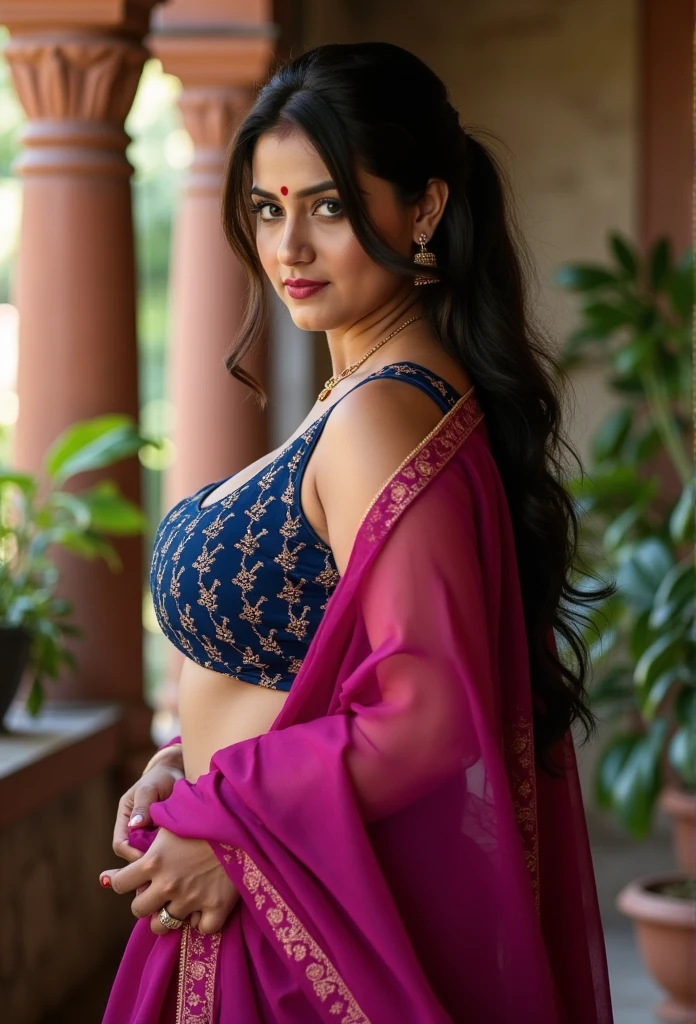 The image is a high-resolution photograph capturing a young South Asian woman in a traditional Indian setting, resembling Nora Fatehi. The subject has a medium skin tone with dark brown hair cascading down her back in a high ponytail, with loose strands framing her face. She has a small bindi on her forehead, enhancing her traditional look. Her voluptuous figure is characterized by large breasts, a plump, curvy waistline, and fuller hips, with a striking hourglass silhouette. She wears a deep blue, embroidered blouse that accentuates her ample bust, paired with a magenta saree draped elegantly over hegure. Her hips and thighs are full and rounded, adding to her alluring, confident pose. She has applied a touch of red sindoor on her forehead, and her serene expression and closed eyes exude a quiet allure. Her attire includes a vibrant pink blouse with white floral patterns, completed by a white saree draped over one shoulder. This high-resolution image highlights her curves, embodying a Nora Fatehi-like look with a bold yet graceful presence.

