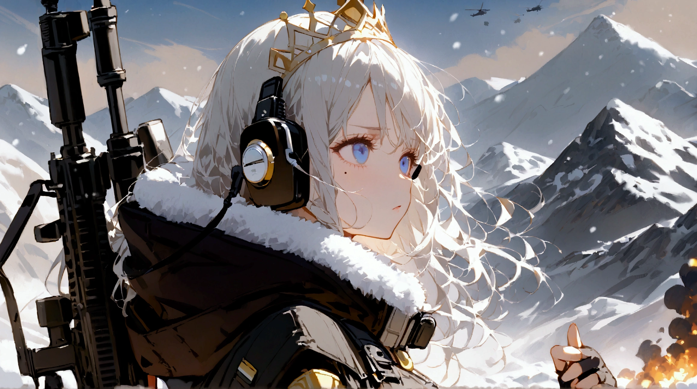 Girl with silver hair , with blue eyes ,  on her hair, a hairpin with a crown ,  long straight hair , mole under left eye, earphone walkie talkie   ,  in a black turtleneck with open shoulders , wearing a warm white cloak with a hood  ,  The girl is equipped in modern light armor with ry armor on her arms, shoulders and knees,   on her hair weighs a sniper rifle behind her back on her belt  ,  irritated look  ,  The gaze is directed upwards ,  against the snowy mountains  , a crashed military helicopter is burning in the background and a snowstorm is falling     