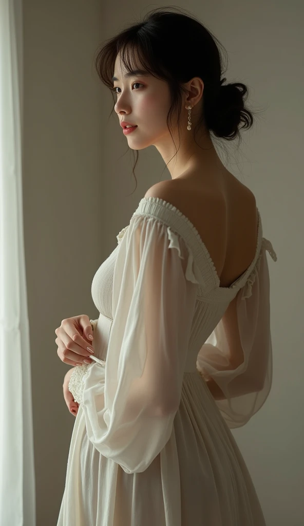 Full body shot, a beautiful Taiwanese woman standing with her back to the camera, wearing a long white Tiara dans player on her long brown hair, wearing a white lace dress, confident appearance, red lipstick, perfectly symmetrical eyes, digital graphics, sharp focus, perfect composition, high-quality modeling and clarity,  perfect play of light and shadow, best quality, 8k, highly detailed, photorealistic, masterpiece