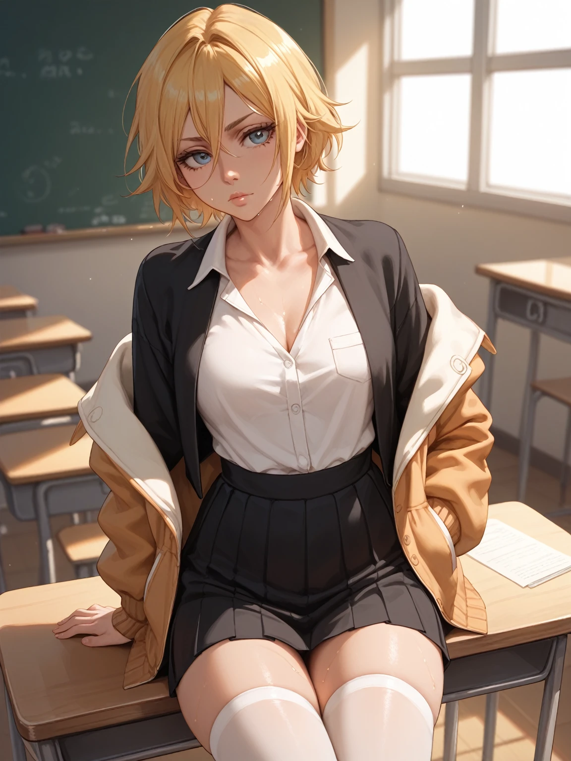 Top view, anime, Saguraki Hiyori is nifty girl aged 18, arrogant posed, jacket, thigh highs, sweaty, in the classroom, noon light, (masterpiece, best quality, highly detailed), bleach-series,