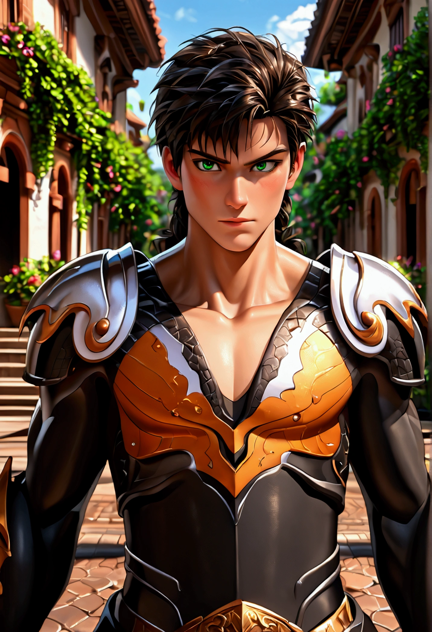 Half dragon human swordsman, male, beautifull, masterpiece, training, outside, green eyes, in battle stance, leather armor