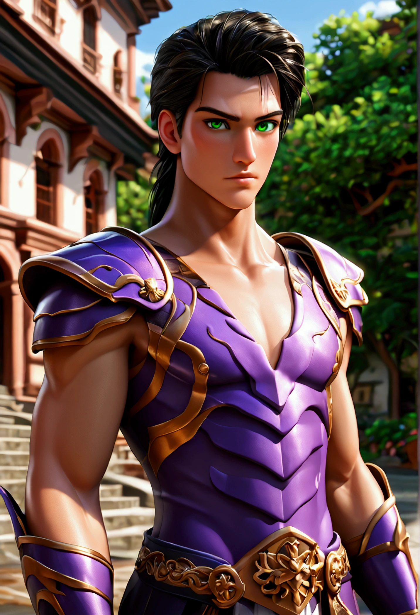 Half dragon human swordsman, male, beautifull, masterpiece, training, outside, green eyes, in battle stance, leather armor