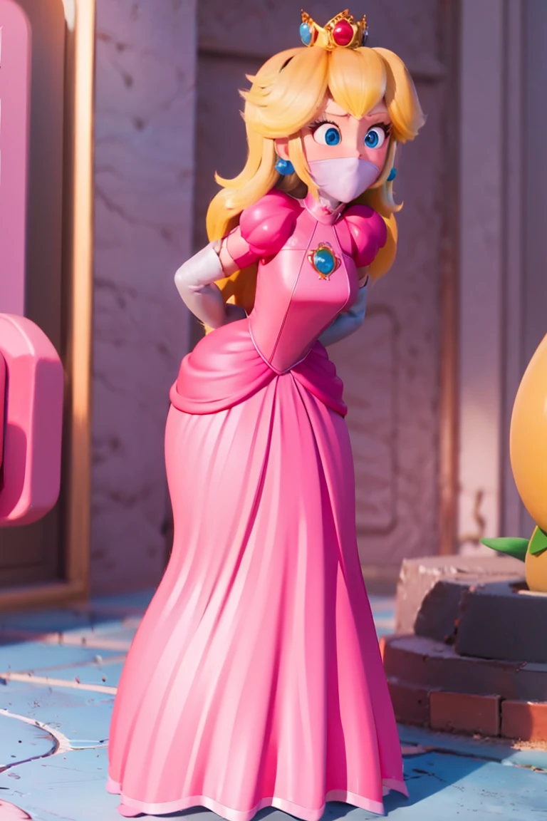  score_9, score_8_up, score_7_up, 1girl, solo,  (Peach, princess Peach from super mario lore, princess peach, pink long dress, crown), (front view), perfect proportions, simple background, standing, , bound arms, arms behind back, full body, otn gag, tight mask, wrap mask, black mask, (armbinder: 1.3), 
reverse straitjacket, bound arms, blushing, big , neck_corset, over the nose gag, 