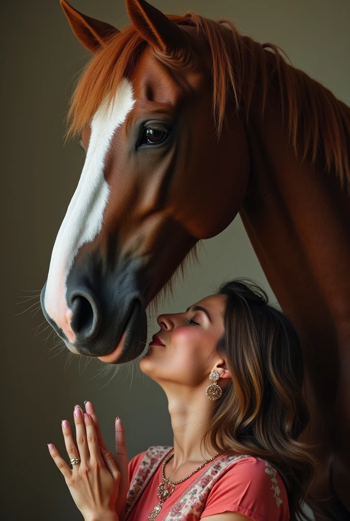 A asian woman with big boobs, big ass, small weist, a pretty face with cum on it getting fucked by a horse in the vagina. The enormus penis of the horse is deep down the woman and it is cumming inside. The woman is filled with pleasure and has an orgasmic face. The woman is with clothes that show how the horse penetrated thru her pants to fuck her and her shirt is very small for her boobs, which also have cum. And this shirt is also braking. Focus the image in the woman and the penetration of the huge horse dick