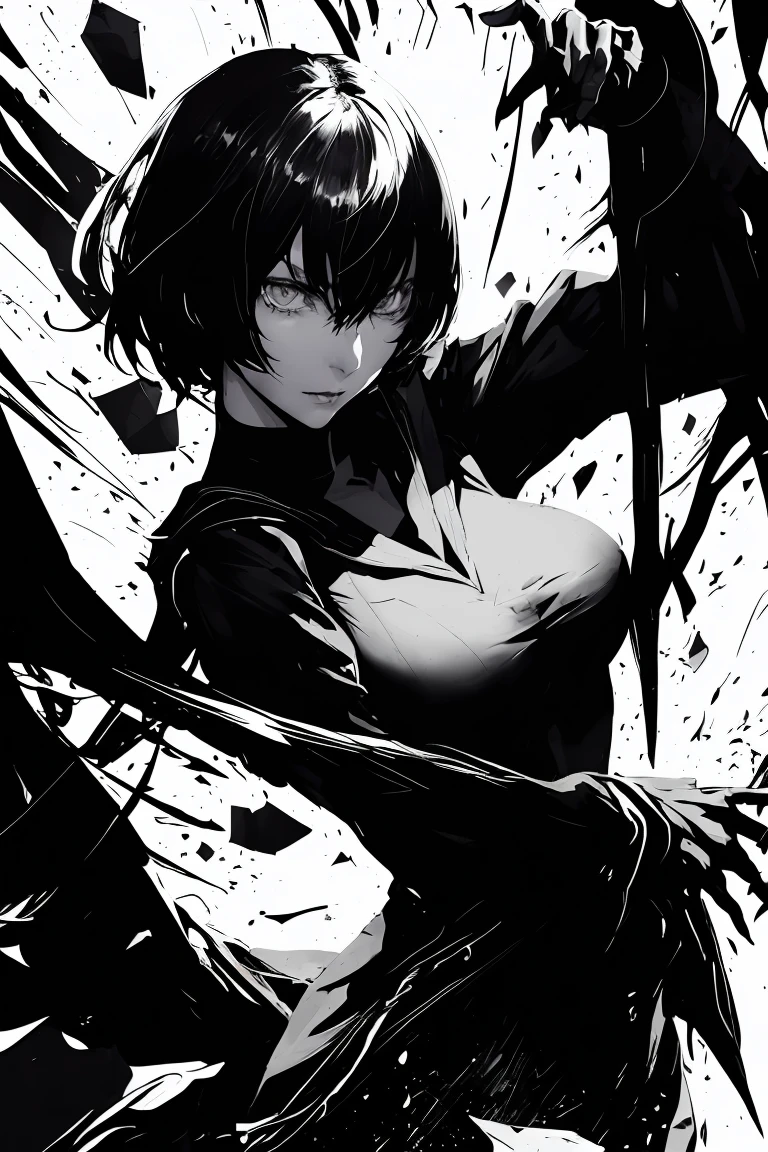 v5lcn style,Ink Art,(Highest quality,Tabletop:1.2),(Black and white comic core:1.1),(extremely high contrast),Dark ink,One Girl,Black-haired,Face Shadow、8K,solve,high school girl,Sailor suit,