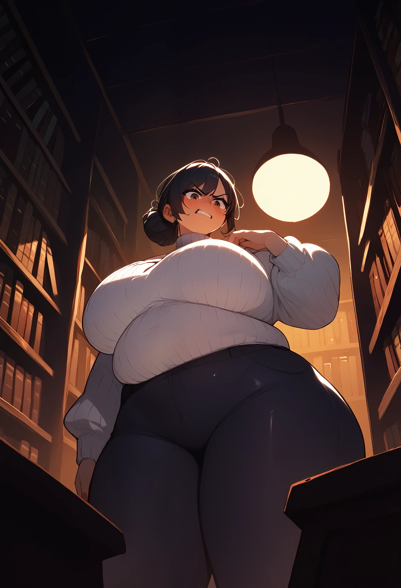 One librarian, tight white sweater, ((huge sagging chest)), angry and embarrassed, n a dark library,  volumetric lighting, extreme closeup thick nips, from below spotlight, 