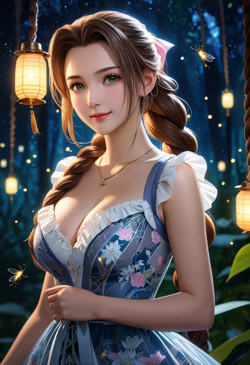 (((masterpiece))),((Highest quality)),Beautiful girl, Aerith, Sexy witch, bangs、(Long Hair, Braided ponytail:1.5)、(((huge firm bouncing bust, Deep cleavage)))、23 years old、Translucent white skin, Sweat, (Gorgeous frilled dress with intricate patterns:1.5)、Japanese girl、 Beautiful digital artwork, Beautiful fantasy art, dynamic sely poses, A kind smile, Mysterious Background, Aura, A gentle gaze, BREAK, Small faint lights and flying fireflies, night, lanthanum,