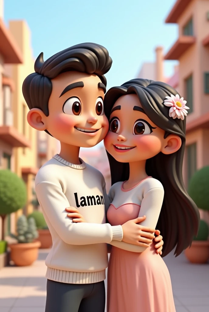 The little boy on the left is wearing a black shirt this boy very cute and handsome boy and the little girl on the right is wearing a matching pink dress She is very white and beautiful. Cute little boy and cute little girlThey both smiled happily