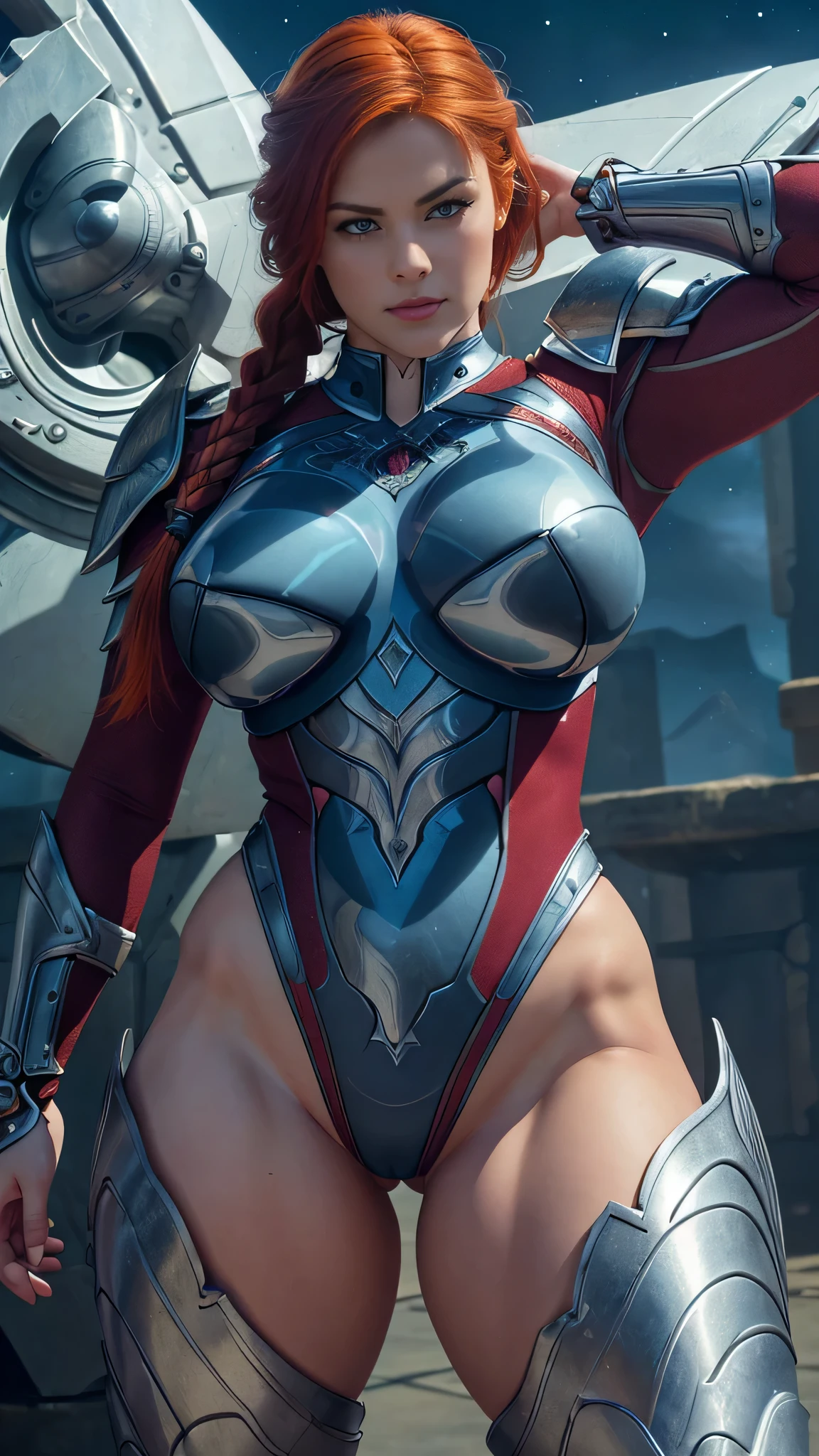 BOMBSHELL RED HAIR VALKYRIE, PALE SKIN, LIGHT GRAY EYES, HIGH CHEEKBONES, ROSY CHEEKS, MENTAL FORAMEN, HUGE LONG HAIR, DOUBLE BRAID HAIR, SILVER THONG LEOTARD ARMOUR, LONG SLEEVES, BORDEAUX UNDER BODYSUIT, NECK BODYSUIT, LONG SILVER GAUNTLETS, ATHLETIC CURVY BODY, DETAILED QUADRICEPS, MUSCLES, SIDE BODY VIEW, FULL BODY PERSPECTIVE, SPRITE LIGHTINGS, NIGHT SKY, ACCURATE IMAGE, MASTERPIECE.  (realistic, Photorealistic: 1.4), (very nice and Beautiful: 1.4), Amazing, fine detail, masterpiece, Very detailed, high resolution, best illustration, best shadow, intricate, (very intricate: 1.2), (very detailed skin), cinematic light, Perfect anatomy, (cool color: 1.4), Sharp focus, 8K UHD, DSLR, (Fujifilm skin texture: 1.4, masterwork: 1.8, masterwork, best quality, Object Objects], (facial detail features: 1.3), (correct proportions), (beautiful light blue eyes), (((85mm F/1.4)), ((vaquero pose: 1.4)),(medium body pose), (perfect detailed anatomy :1.4),