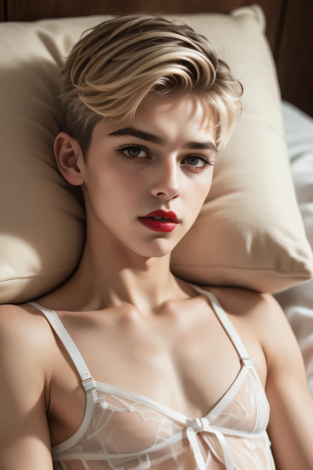 ((9x-UltraSharp)), ((SMALL HEAD)), ((NECK LACE)), Spread, ((SLEEPING LIE DOWN FEMBOY)), (((SAD FACE EXPRESSION:1.1)), ((NECK LACE)), ((GOTHIC EYELASHES & LIPS)), ((LIPS)), ((MEN'S STYLE SHORTHAIRCUT)), adorable, 1 femboy, (face to face), , baby face, happy, half body portrait, (face details: 1), (eye details: 1), ((flat chest)). ((Lingerie)), ((net stockings)), lingerie ((red lips)), (((LIGHT WHITE NAKED)))