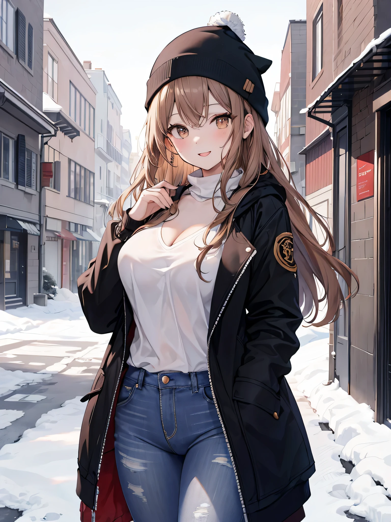 ( masterpiece, 4k, ultra high quality,  well detailed ),  a beautiful woman ,  long hair , straight hair,  brown hair, brown eyes,  beautiful eyes ,  smiley face,  big breasts, juicy breasts,  Open shirt, jeans negros, black jacket,  black beanie hat , looking out the window, grey sky, snow, Background of a corridor with a view of some condominiums