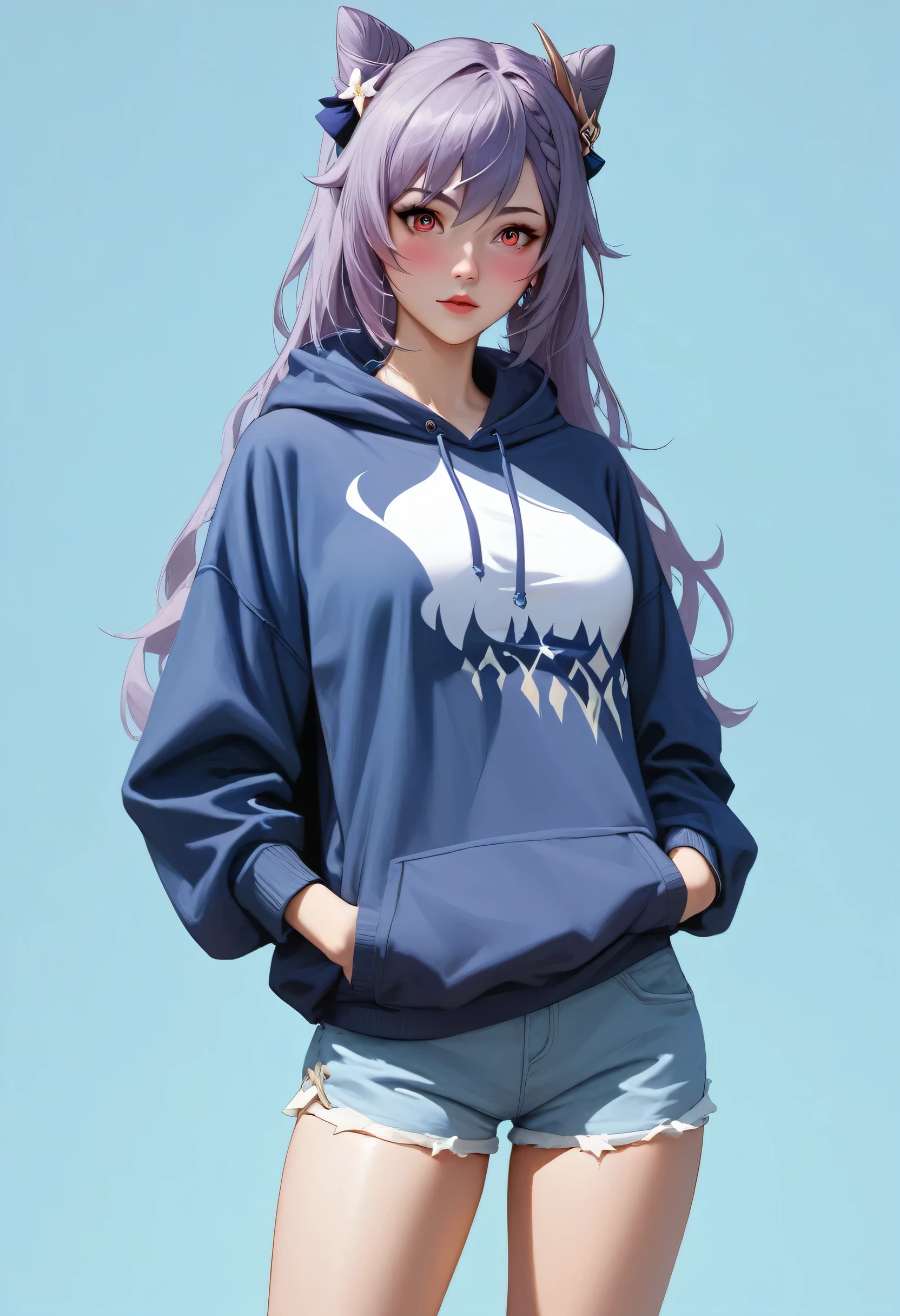 score_9, score_8_up, score_7_up,source_anime, high res image,masterpiece,best quality,girl,cute face,clear skin,simple_background,keqing_genshin,blushes,hoodie,short pants,