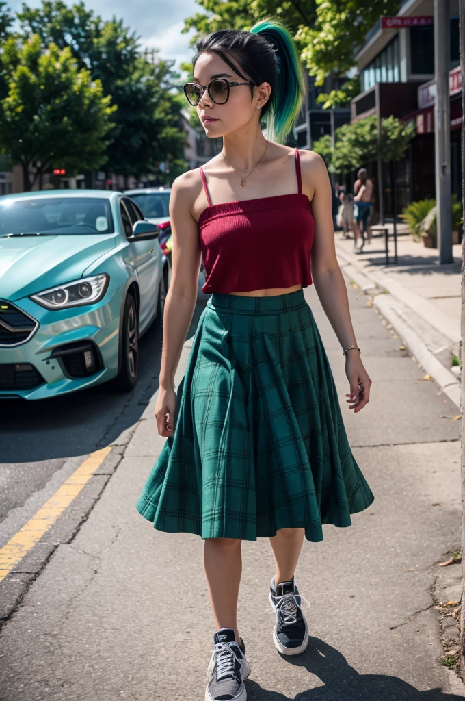 RAW photo, subject, 8k uhd, dslr, soft lighting, high quality, film grain, Fujifilm XT3,cinematic film still, CloudRetainer, hair ornament, high ponytail, under-rim eyewear, multicolored hair, two-tone hair, black hair, green hair,Ice Blue , Flannel Tube top and Emerald Skirt, Sneakers, Mythpunk