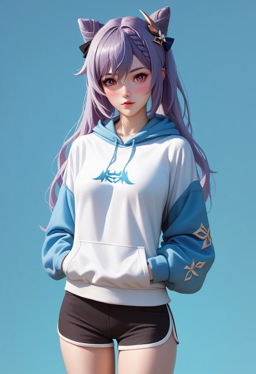 score_9, score_8_up, score_7_up,source_anime, high res image,masterpiece,best quality,girl,cute face,clear skin,simple_background,keqing_genshin,blushes,hoodie,short pants,