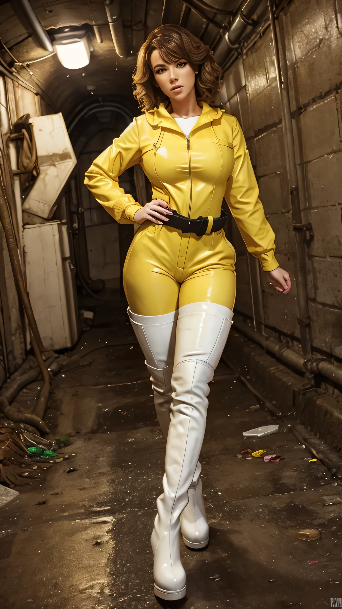 April O'Neil in a sultry pose, wearing a form-fitting yellow jumpsuit with a white belt and white boots. Dirty city background, underground sewer