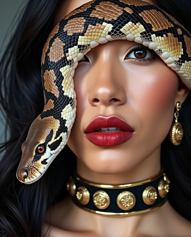 beautiful japanese woman wearing full black hijab and tanned skin, wearing designer mocha fur coat, and loose black satin turtle neck dress with intricate floral pattern (black, red, gold), thick eyebrows, photorealistic, masterpiece, moncle, open coat, pouting lips, pouting, blank black background with smoke and good lighting, carrying python wrapped around her arms and neck with gold collar
