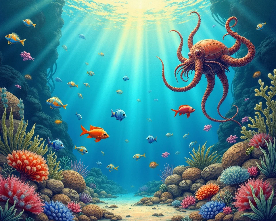 (In the water), (octopus:1.3), colorful coral reef ,In the water, Coral, Crystal clear water, ,sun rays ,Detailed marine plants, Vibrant colors, Quiet atmosphere, Calm, swaying seaweed ,A dazzling array of colors , (Highest quality,High resolution:1.2), (In the water photography), (Vibrant), (Soft and diffuse lighting)
