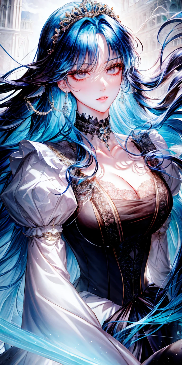 shoujo-style, frostedstyle, (romance manhwa), 1girl, cyan hair, solo, long hair, frozen, ice, crystalline, dress, tiara, white dress, gloves, long sleeves, choker, black eyes, mascara, makeup, elbow gloves, bow, floating hair, bra, jewelry, looking at viewer, collarbone, puffy sleeves, golden accessories, upper body, parted bangs, very long hair, black dress, frills, bangs, closed mouth, outdoors, detailed eyes, dynamic cut,