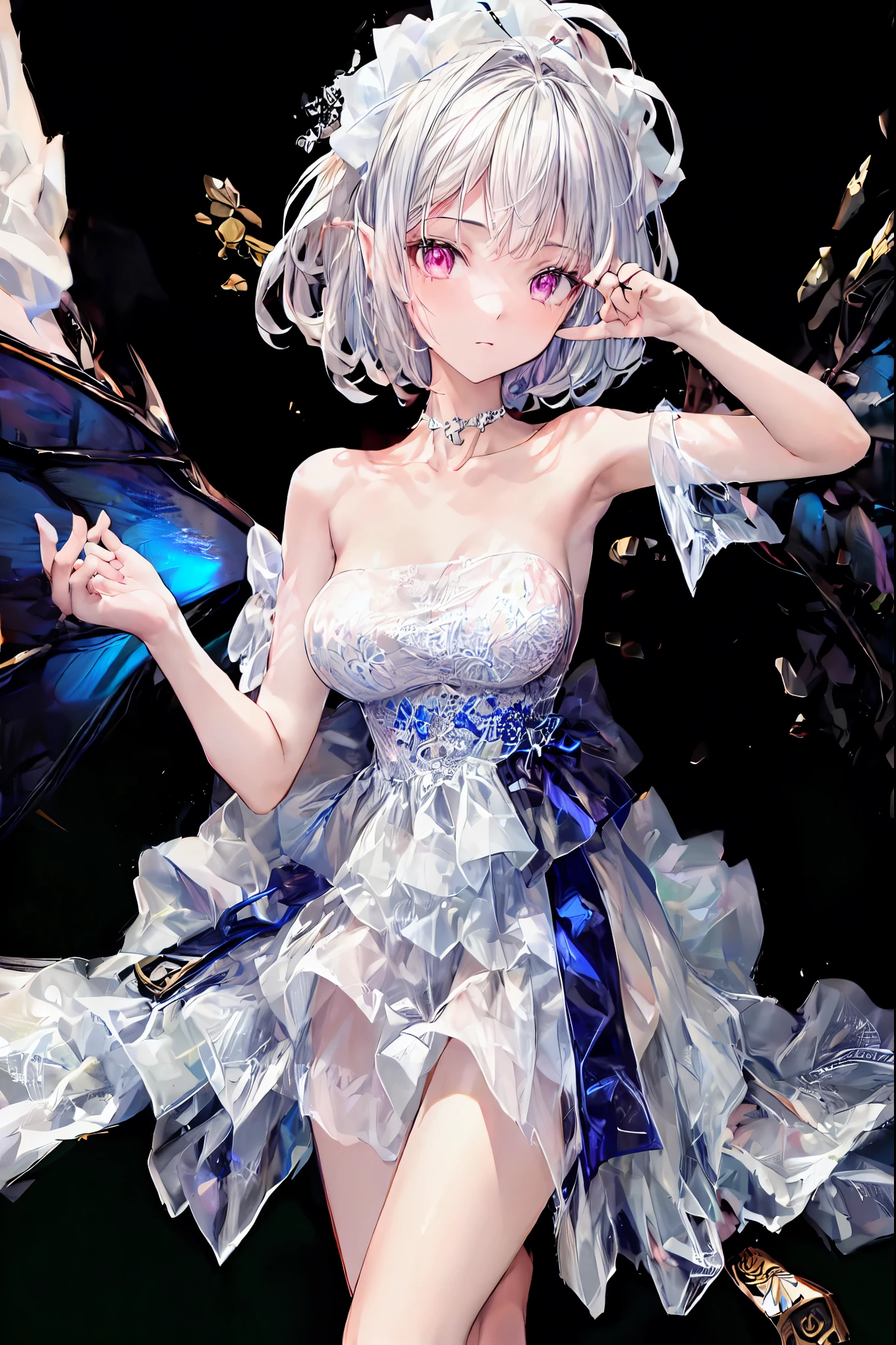 ( Highly Detailed CG Unity 8K Wallpaper , masterpiece, best quality, super detailed), (best illumination, vest shadow , very delicate and beautiful), Cool, dynamic, And an original young girl character (dynamic pose) silver ( pixie cut hair : 1.3) Reflects light beautifully.