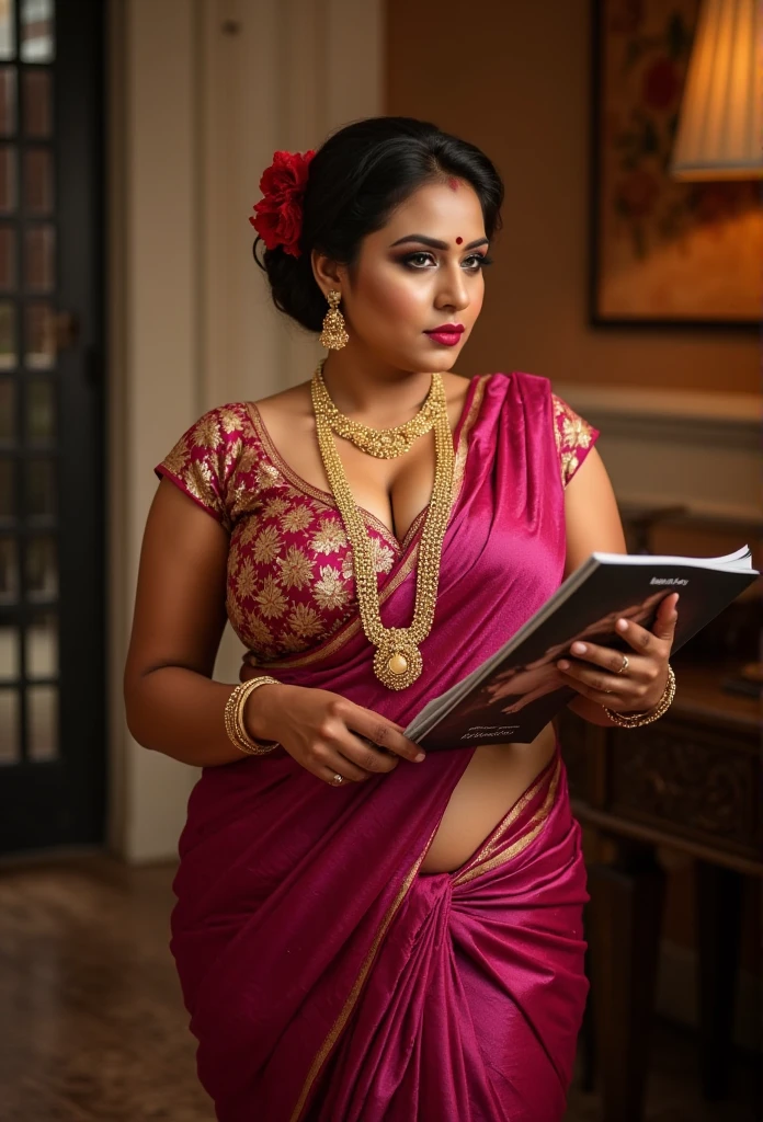 La escena se desarrolla en un grandioso, opulenta sala de estudio con una cálida , iluminación suave, arrojando un brillo sensual al interior. La mujer del sur de Asia , de pie y segura de sí misma, es el centro de atención. Ella usa un lujoso sari rosa oscuro, la tela es rica y fluida con bordados de oro intrincados que resaltan su curvilíneo, figura de reloj de arena. El sari cubre su cuerpo con elegancia , con el color marrón oscuro contrastando maravillosamente con su piel suave. Sus grandes pechos y anchas caderas se acentuaban con la tela ajustada, , lo que hace que su silueta sea atrevida y seductora a la vez .
Sus pesadas joyas de oro—un elaborado collar, , varios brazaletes en las muñecas , y un delicado anillo nasal, que brilla intensamente , añadiendo a su presencia regia e imponente. Su peinado recogido está adornado con una flor roja,Cabello gris,mientras un pasador de oro capta la luz, enmarcando su rostro y llamando la atención sobre sus rasgos impecables. El audaz maquillaje ahumado y las largas pestañas rizadas amplifican la intensidad de su mirada seductora, que se aferra al chico de 25 años a su lado. Sus labios carnosos, pintado en un profundo, ricos en tonos , se enroscan ligeramente hacia arriba en una sonrisa sutil pero provocativa , que realza su aura de control y encanto .
En su mano, Ella sostiene una revista porno , la revista ligeramente arrugada en los bordes , simbolizando tanto el poder que posee como los términos que busca imponer al niño
El niño vestido solo con pantalones cortos negros contrasta con los cálidos tonos de la habitación, se para cerca de ella. Su postura es tensa, su mano descansando suavemente sobre su hombro, Su expresión de vacilación , fascinación, y quizás un poco de incertidumbre . Su mirada se dirige a ella , cautivada por su belleza y el poder que emana , pero no estoy seguro de lo que