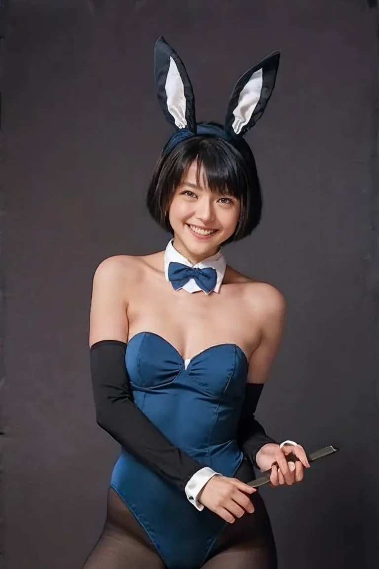  one girl who is at ease,  bunny girl, fake rabbit ears, Blue leotard, bowtie, pantyhose, wrist cuffs, black_pantyhose,  black hair,  bob cut from the front, smile