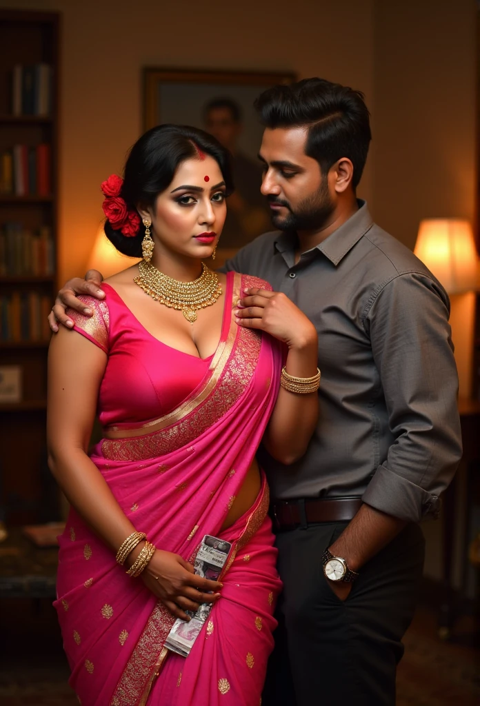 The scene unfolds in a grand, opulent study room with warm, soft lighting, casting a sensual glow over the interior. The South Asian woman, standing tall and confident, is the center of attention. She wears a luxurious pink dark sari, the fabric rich and flowing with intricate gold embroidery that highlights her curvy, hourglass figure. The sari drapes elegantly over her body, with the deep pink color contrasting beautifully against her smooth skin. Her large breasts and wide hips are accentuated by the form-fitting fabric, making her silhouette both bold and seductive.

Her heavy gold jewelry—an elaborate necklace, multiple bangles on her wrists, and a delicate nose ring—gleams brightly, adding to her regal and commanding presence. Her updo hairstyle is adorned with a red flower,gray hair,while a gold hairpin catches the light, framing her face and drawing attention to her flawless features. The bold smokey eyeshadow and long curled lashes amplify the intensity of her seductive gaze, which locks onto the 25yo boy beside her. Her full lips, painted in a deep, rich shade, slightly curl upward in a subtle but provocative smile, enhancing her aura of control and allure.

In her hand, she holds a porn magazine , the magazine slightly crinkled at the edges, symbolizing both the power she holds and the terms she seeks to impose on the boy

The boy dressed in a black shorts only contrasts with the warm tones of the room, stands close to her. His posture is tense, his hand gently resting on her shoulder, his expression one of hesitation, fascination, and perhaps a bit of uncertainty. His gaze is drawn to her, captivated by her beauty and the power she exudes, yet unsure of what 