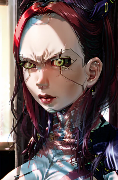 muff, red hair, black hair, multicolored hair, short hair, anime android girl, angry smug face, big forehead