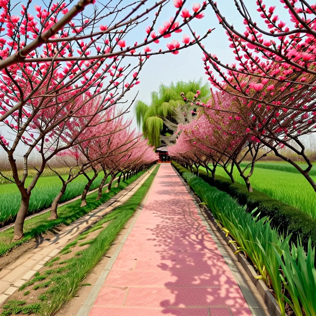 The east wind picks up the spring clothes, and walks to find fragrance and returns. The red-mirrored peach blossoms smile, and the green-covered willows and swallows fly together. Wandering winding paths pity vanilla, melancholy Qiao Lin hanging Luohui. Remember where Yanju is at present, Chaifei is on the west side of the restaurant. traditional Chinese painting