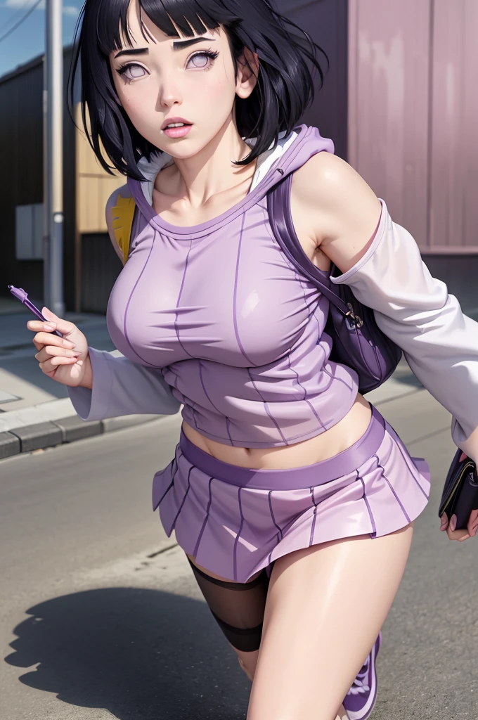 (Highly quality, masterpiece, detailed), city detailed scenario, city detailed background, solo, kateb2023, 1girl, purple outfit, purple top, white scarf, black hair, ponytail hair, bare arm, tactical, utility belt, purple glove, archer, bare midriff, half skirt, navel, sitting on top of a building, perfect face, beautiful eyes, look at the viewer, Sexy pose