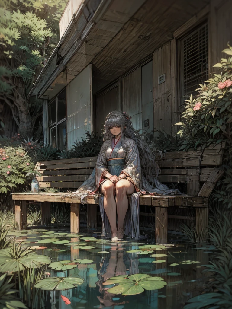 Second Dimension,  ancient style , Spring Garden, Outdoor, Gray Hair, Hanfu, nature,  There is a pond in the middle of the courtyard, Begonia floating in a pond,  girl sitting on a bench in the hallway , I'm wearing a transparent feather robe, Holding a bamboo flute,  random position ,  intricate detail,  best quality,  ray tracing, rendering, 8k, masterpiece