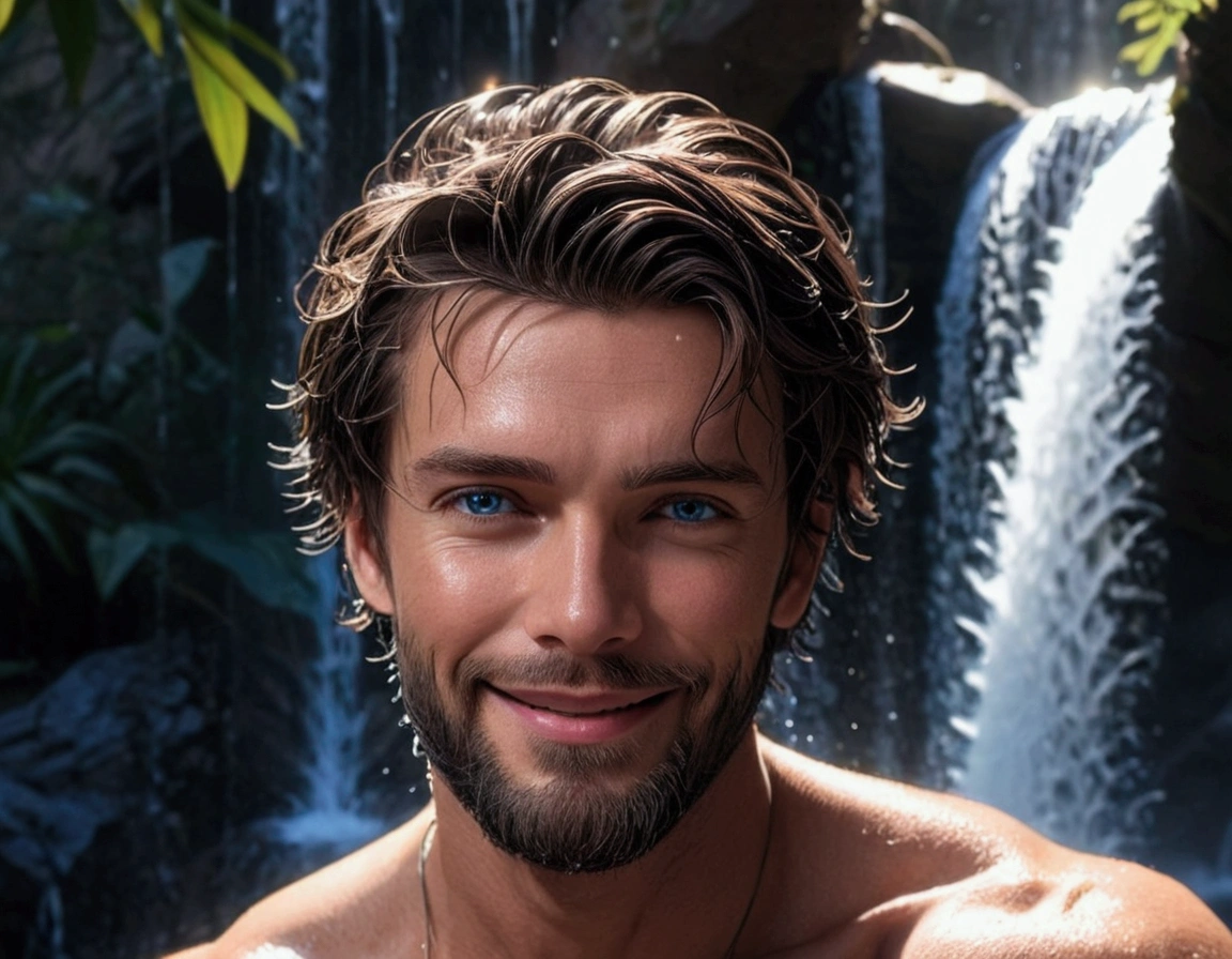 ((best quality)), ((masterpiece)), (detailed), perfect face, A handsome guy with a good body and a little beard,big penis, under a waterfall,Hairstyle, Smile, High Quality, Blue eyes, horny, Mature male, little bearded, half-breasted, frowning,4k, high-res, masterpiece, best quality, sharp focus, (cinematic lighting), collarbone, [:(detailed face:1.2):0.2]