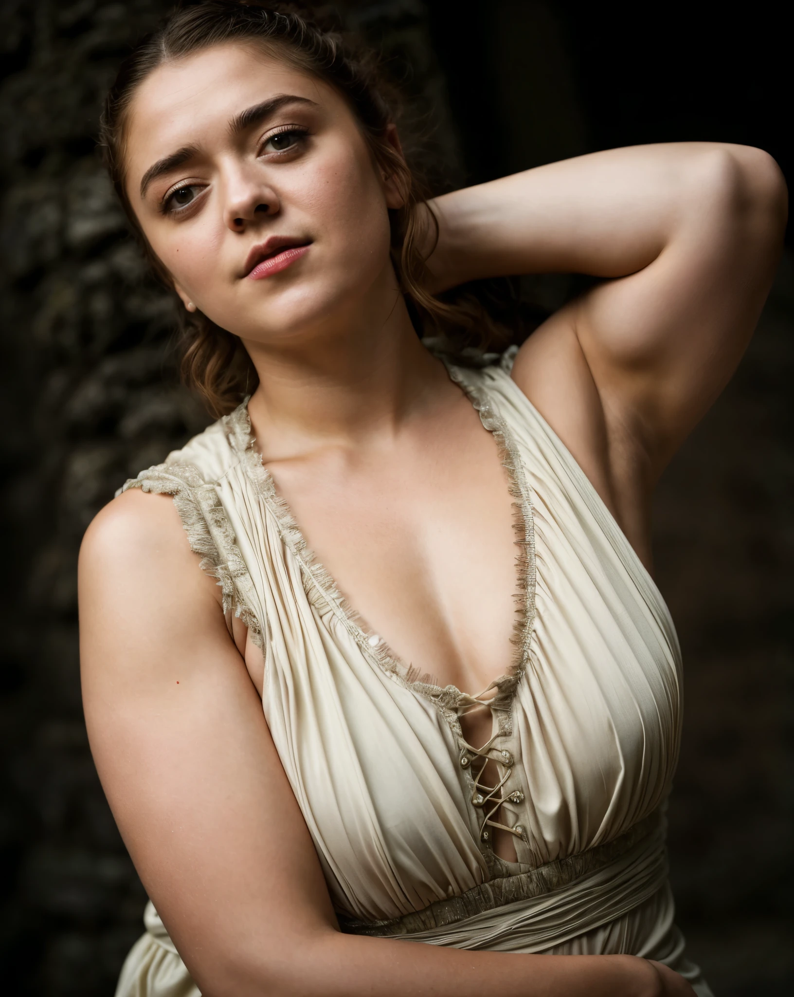 Foto RAW, Arya Stark, Extremely gorgeous lady, Arya Stark PLAYED BY MAISIE WILLIAMS, Queen Arya Stark, she a mature woman now, milf, sexy mediaeval battle dress, gladiator woman, body, 40 years old Woman, body revealing costumes, perky breast, skin pores, big natural breast, erotic costumes, lusty physique, seductive figure can capture every people's attention, Game of thrones costumes, revealing captivating figure, Mediaeval costumes, revealing clothes, A tomboy, she would rather fence than dance, warrior queen , game of thrones screen caps, Game of Thrones Series, (pele altamente detalhada: 1.2), 8k UHD, DSLR, soft-lighting, alta qualidade, grain of film, Fujifilm XT3, flawless picture, highly detailed, detailed Beauty, intricate, 32k, sharp picture, showing her beautiful armpits,