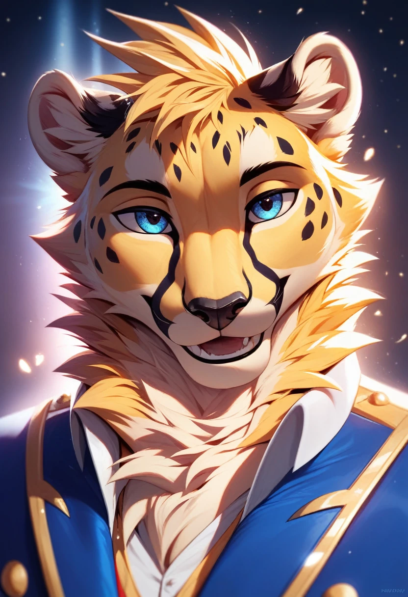 solo male, cheetah, furry, smiling, fluffy hair, yellow fur, Black fur stripe, netral,  dynamic lighting, illustration, beautiful, particles (high quality,4k,8k,highres,masterpiece:1.2), ultra-detailed, impressionistic:colorful, 