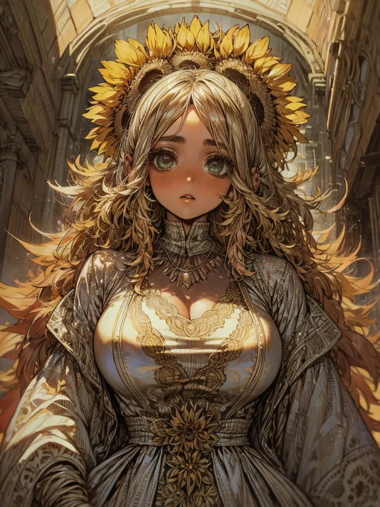 (  Absurdly ,  High Quality  ,   super detailed  ) ,( Handmade ) ,  1 girl, Alone, Mature,  very long hair, Sunflower Hair ,  beautiful crystal eyes ( Eye details ) Baroque,  Necklaces ,  long dress ,  Long Sleeve ,  elegant ,  colorful , HIGHEST DEFINITION ,  upper body ,  with rivers and sunflowers