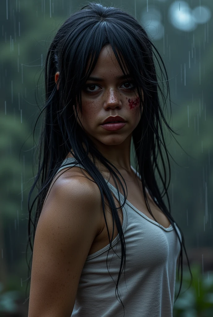 (((j3nnaort3ga))), wears a shabby white vest, Tomb Raider 9 costume(cosplay) realistic, Long messy black hair, ((super dark skin)), The arm is wrapped in a bandage, (Realistic details), It was raining heavily, Thermal vaporization、Rich particle effects, Seriously injured, Moaning, wretched, Bloody, black hair, messy hair, long hair, scar on cheek, glowing eyes, pink eyes, serious, serious, horrified, Surrealism, anime, motion blur, cinematic lighting, depth of field, image fill, fading border, framed, wide shot, fisheye, f/16, 135mm, Sony FE GM, Wide-Angle, accurate, masterpiece, award winning, highres, textured skin, high details