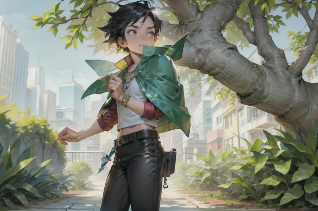 For the cover ,  we need to think of a design that is attractive to ren and that reflects the essence of the story.  Here are some suggested elements :

Lucas:  Shown as a  of about 10- ,  with a simple outfit but with some distinctive detail that identifies him as "The green guardian " ( for example ,  a green cape or a magic bracelet ).

The environment:

 A mix of nature and city .
 Maybe a tree growing in the middle of a neglected urban area ,  symbolizing the impact of Lucas .
 bright colors :  shades of green,  blue and yellow to reflect life ,  nature and hope .

action:  Lucas using his powers ,  with plants sprouting around him or animals next to him ,  showing his connection to the environment .