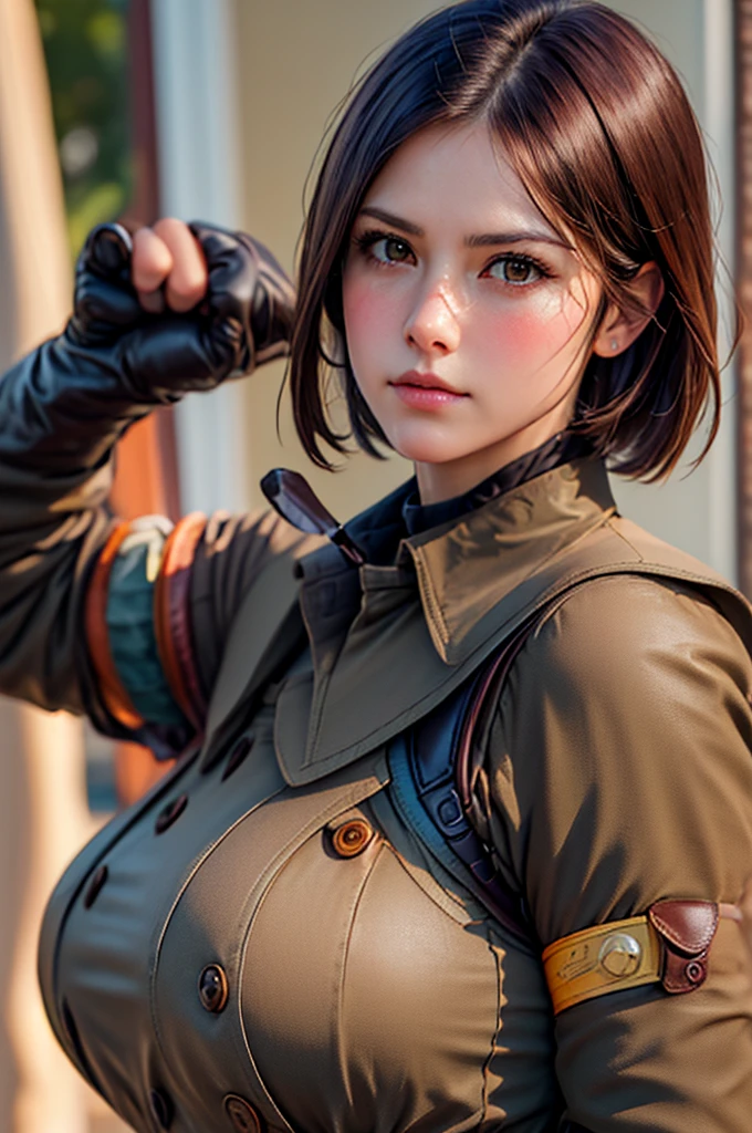 (Best image quality, highest quality, Highest Resolution, Ultra-Realistic Images, Very detailed, masterpiece, 8k), One Woman, Brown medium hair, Khaki military uniform, Leather gloves, ((With a blue whip)), big Breasts, blush, serious look, Browsing Caution, half body, perfect face, perfect body, pants