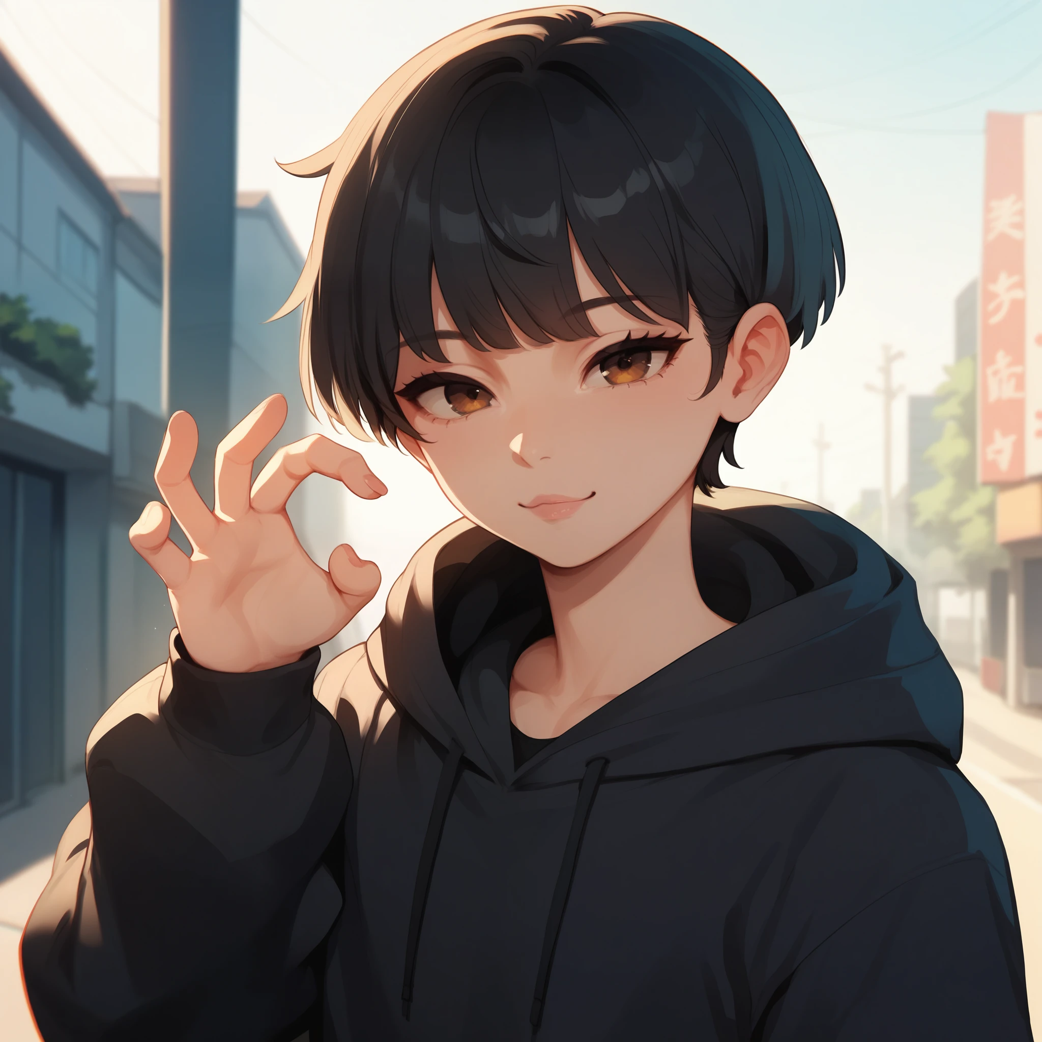 1boy, femboy, slim body, japanese, short black hair, straight bangs, brown eyes, wearing black hoodie, in Tokyo city, cute pose