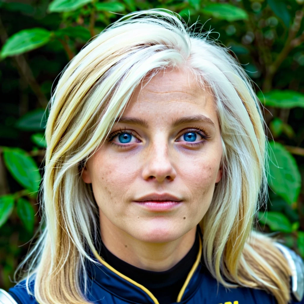 Woman with ,golden white hair,Blue eyes,,,black spacesuit