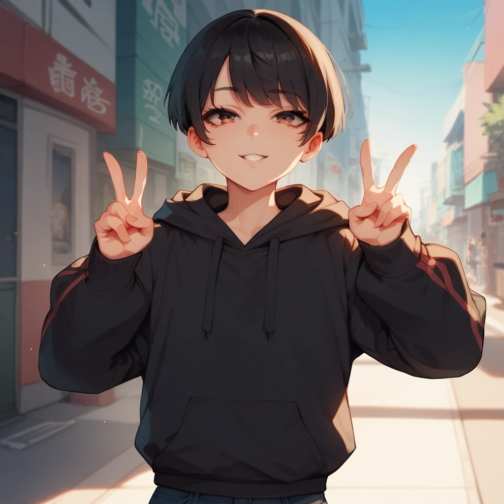 1boy, femboy, slim body, japanese, short black hair, straight bangs, brown eyes, wearing black hoodie, in Tokyo city, V pose