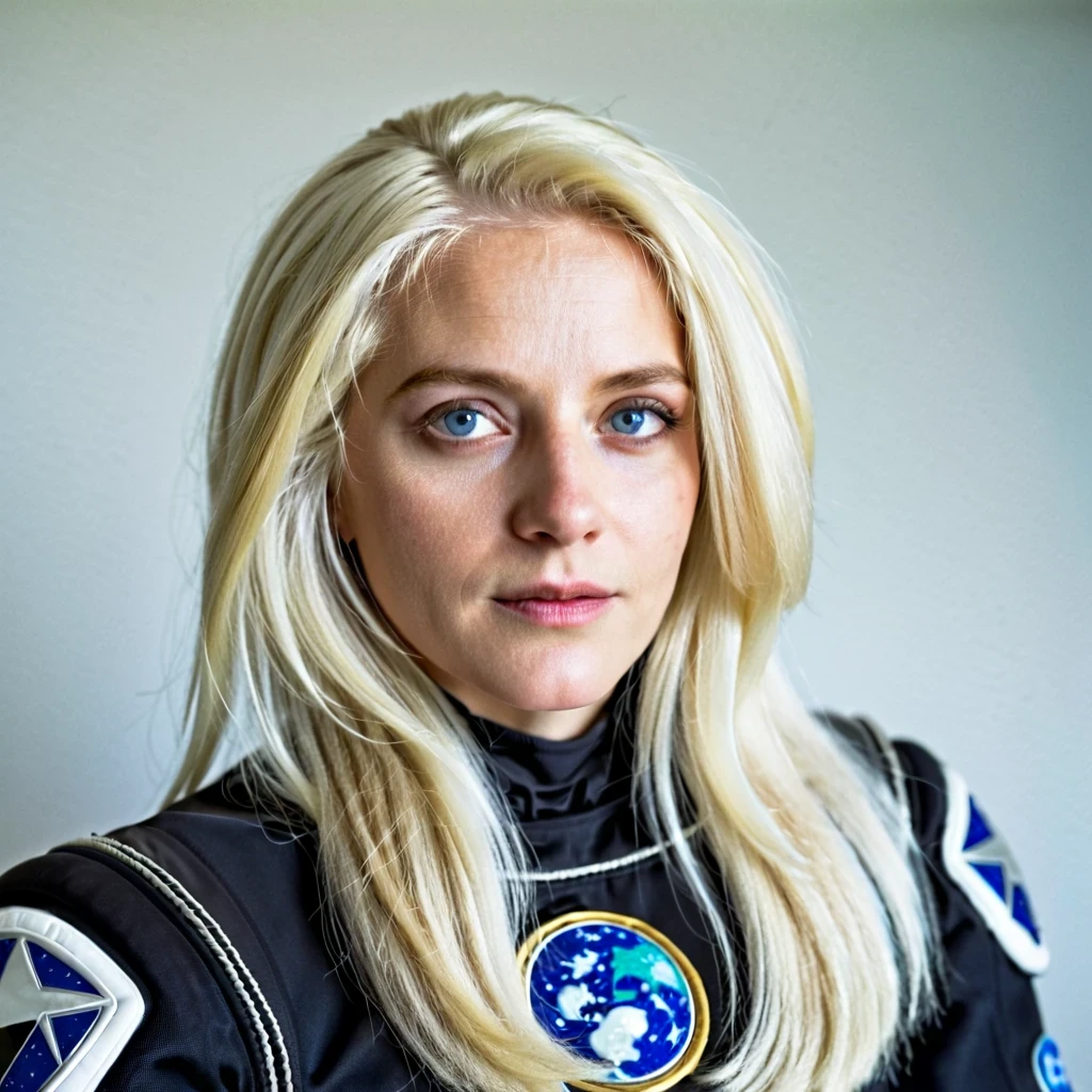 Woman with ,golden white hair,Blue eyes,,,black spacesuit