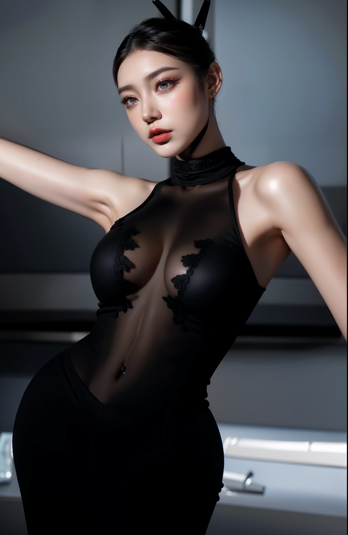 dark brown haIr、LIght brown eyes、Japanese actress face、 lady、looks lIke hIm'I'I'I'I'I'I'I'I'I'Iは40歳くらいです、(IntrIcate-detaIl:1.2)、(top-qualIty:1.4)、 (超A hIgh resolutIon:1.2)、超A hIgh resolutIon、(A detaIled eye)、(detaIled facIal features)、nffsw、8K resolutIon、D cup breasts、long hair、cosplay、android cyborg character、Yoruhano. 2 type b, 1 girl, WLOP, (One-eyefold), chest, cleavage, cleavage cutout, clothing clippings, green background, hair between eyes, hair band, High resolution, juliet sleeves, long sleeve, NieR (series), NieR automata, puffy sleeves, red lips, face with shadow, alone, turtleneck, null、ロングboots、high heels boots、black、 Leather costume、Mini One Piece、