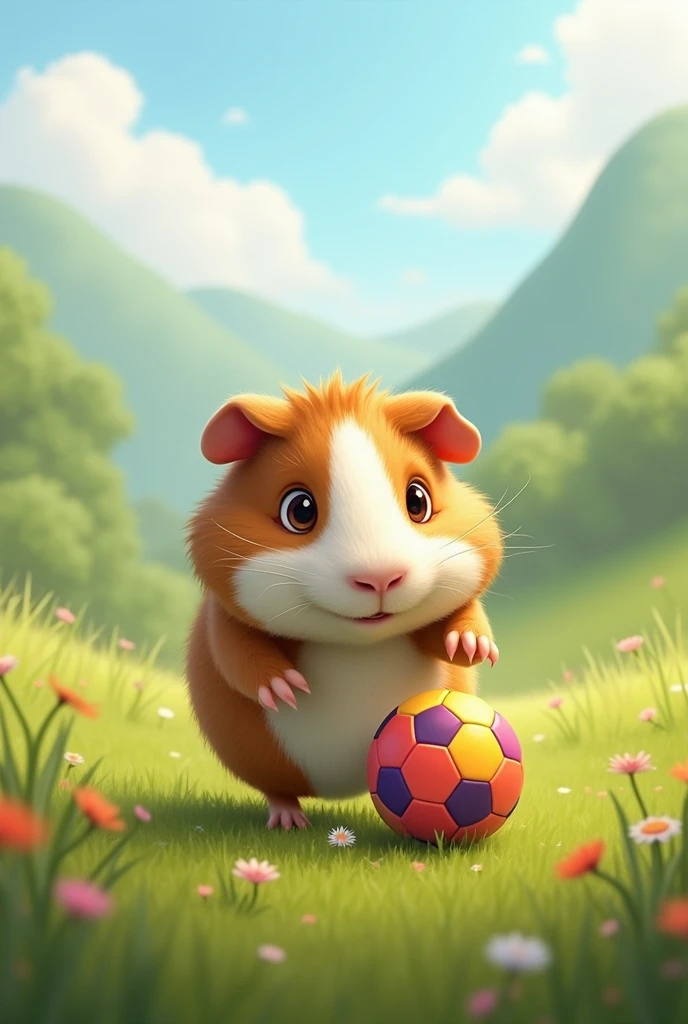 A cute and charming hedgehog character is playing soccer with enthusiasm. The hedgehog, with a determined and joyful expression, runs across a grassy field, its tiny legs moving quickly as it kicks a soccer ball. The ball, slightly oversized compared to the hedgehog, adds to the playful and endearing nature of the scene. The background features a bright, sunny day with a clear blue sky and a few fluffy clouds. The hedgehog’s quills bounce slightly as it chases the ball, embodying the excitement of the game. This lively scene captures the hedgehog’s playful spirit and love for sports, highlighting its adorable nature and the fun of a soccer match.