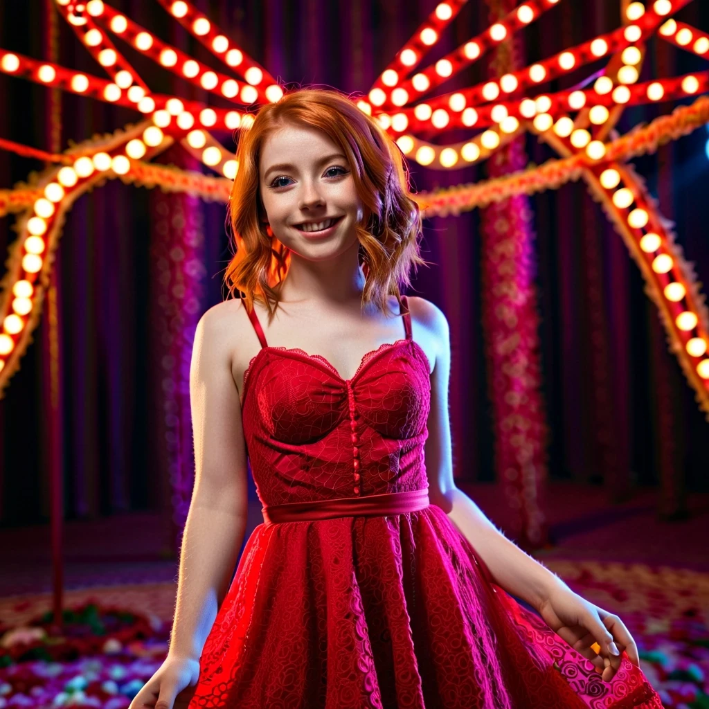 highly detailed, 8k, masterpiece, 1girl, Red tied_hair, dress , crazy_smile, (perfect_face), detailed_background, full_body, bloom,(beautiful lighting:1.3), caustics, dynamic lighting, from_below 